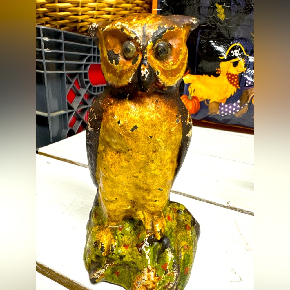 OWL Antique Cast Iron Glass Eyes Figural Bird Doorstop Decorative Art